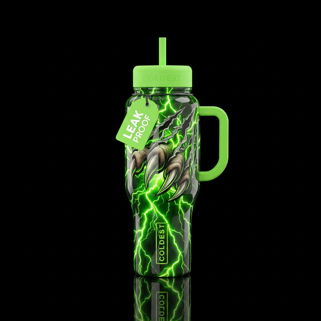 3D bear claws ripping through lightening neon gree... water bottle design