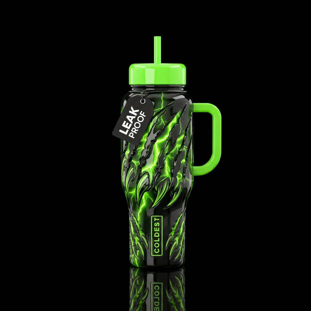 3D bear claws ripping through lightening neon gree... water bottle design