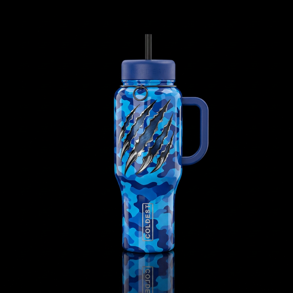 Blue camo with bear claws ripping through, high gl... water bottle design