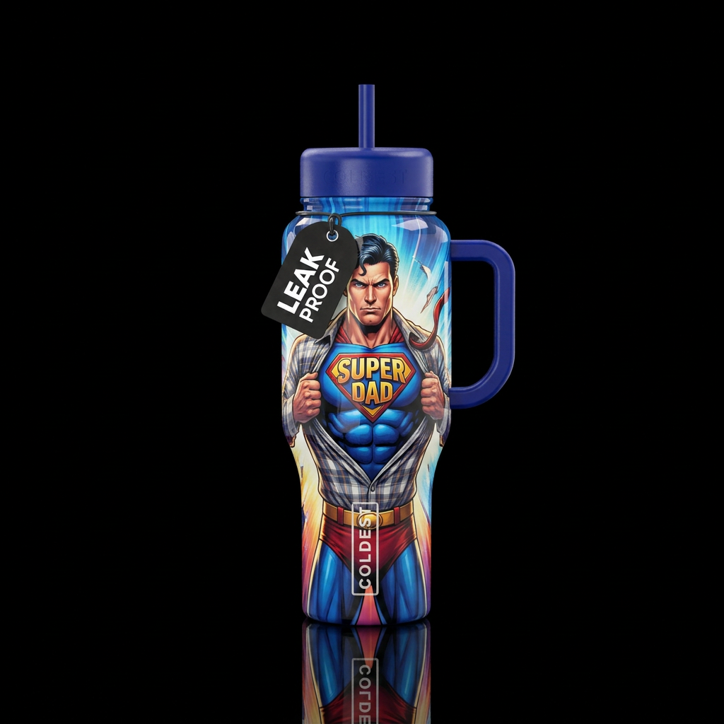 Super dad ripping his shirt off with a super dad h... water bottle design