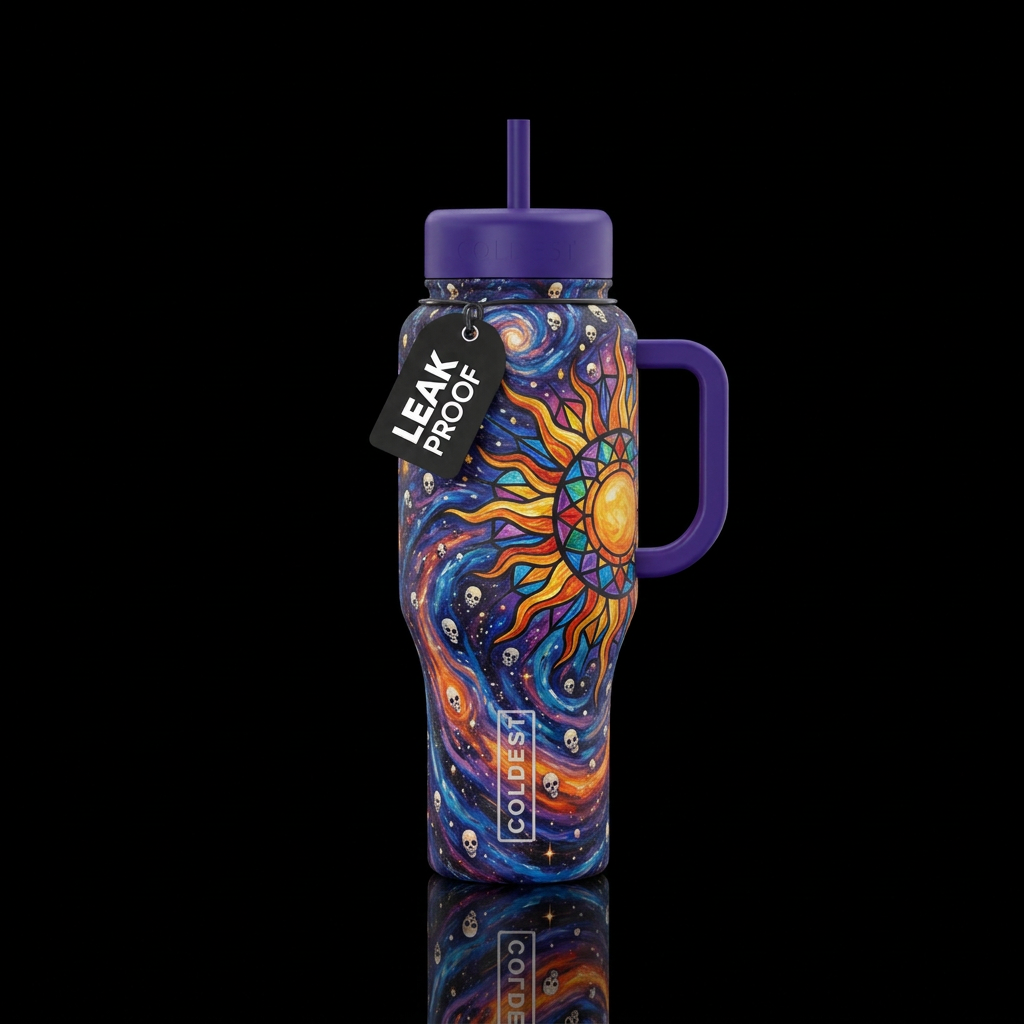 Starry skulls, oil painting swirls, with a sun and... water bottle design