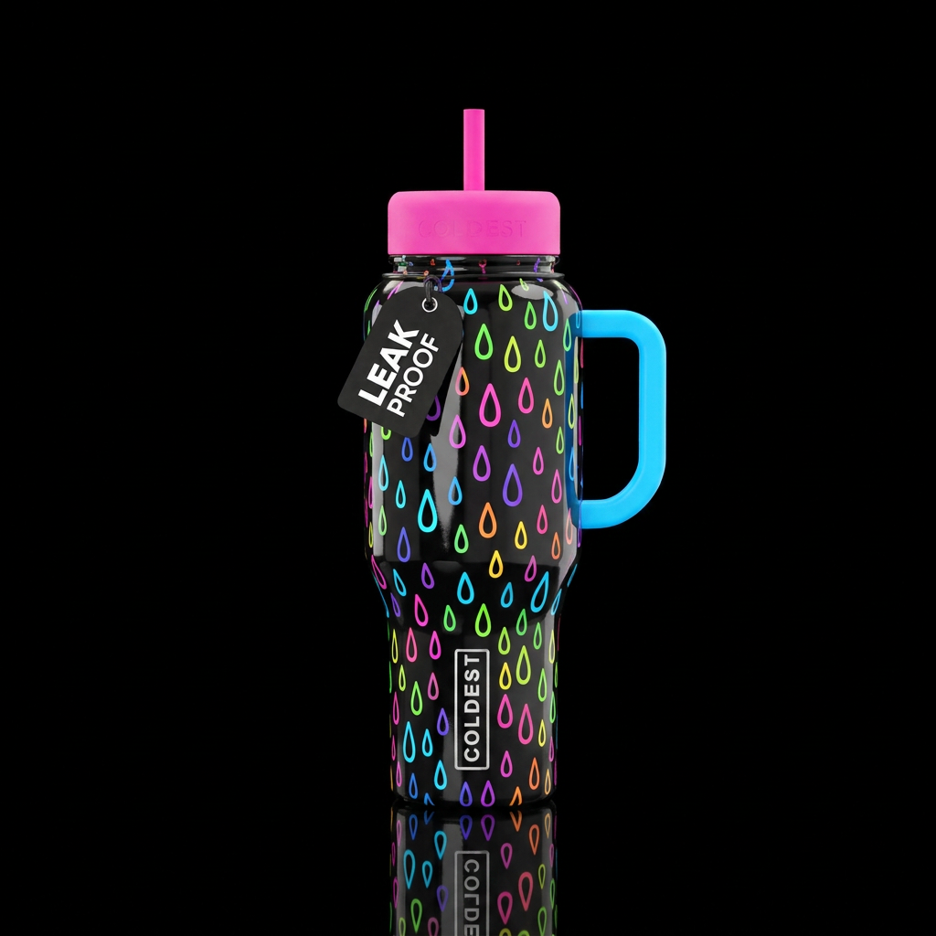 Multicolored raindrops, neon colors, high gloss fi... water bottle design