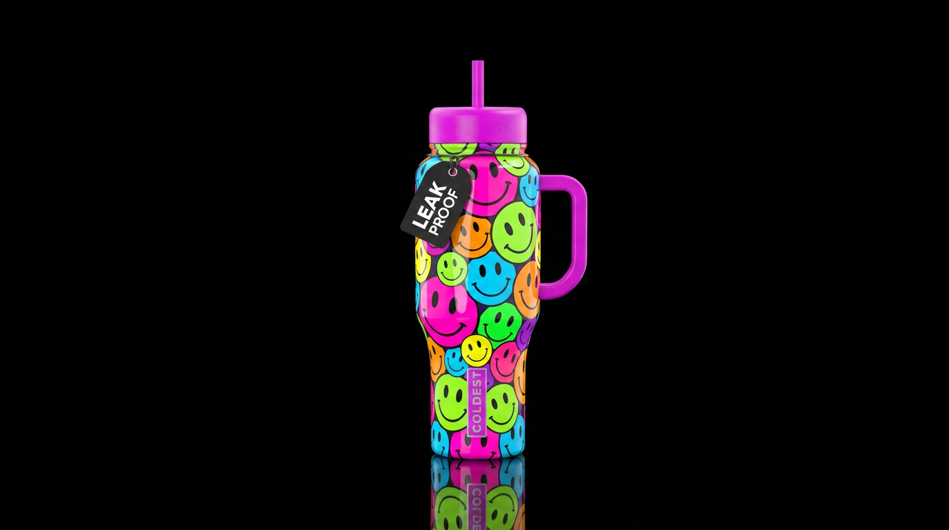 Multicolored happy faces, neon colors, high gloss ... water bottle design