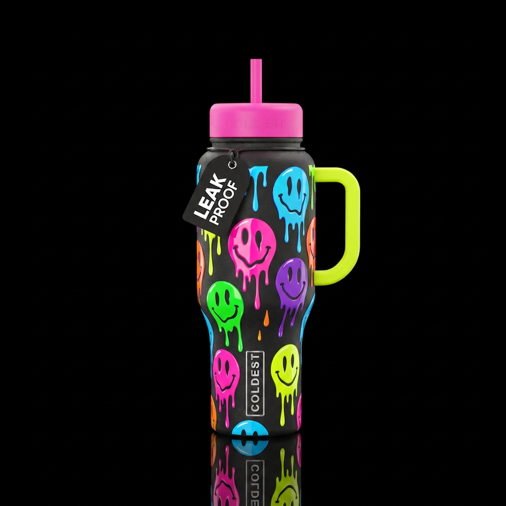 Multicolored drippy smiley faces, neon colors, hig... water bottle design