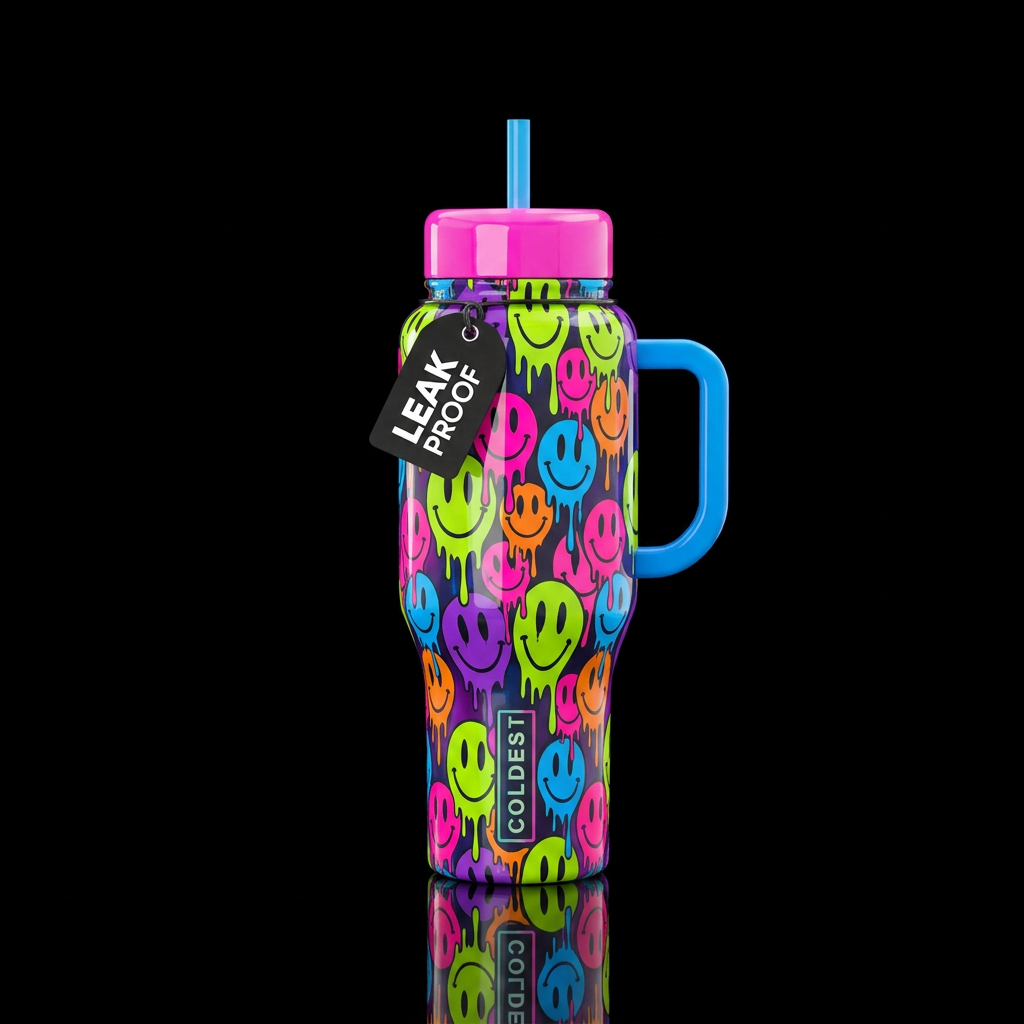 Multicolored drippy smiley faces, neon colors, hig... water bottle design