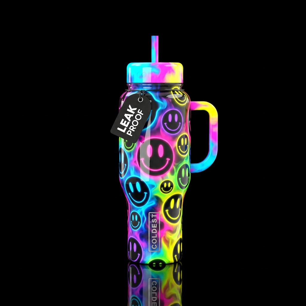 Multicolored smoky smiley faces, high gloss finish... water bottle design