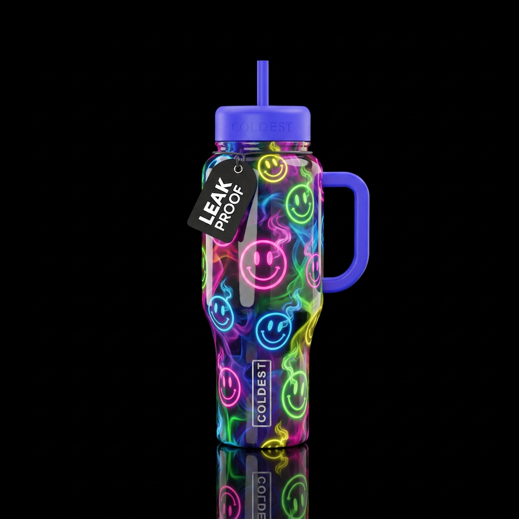 Multicolored smoky smiley faces, high gloss finish... water bottle design
