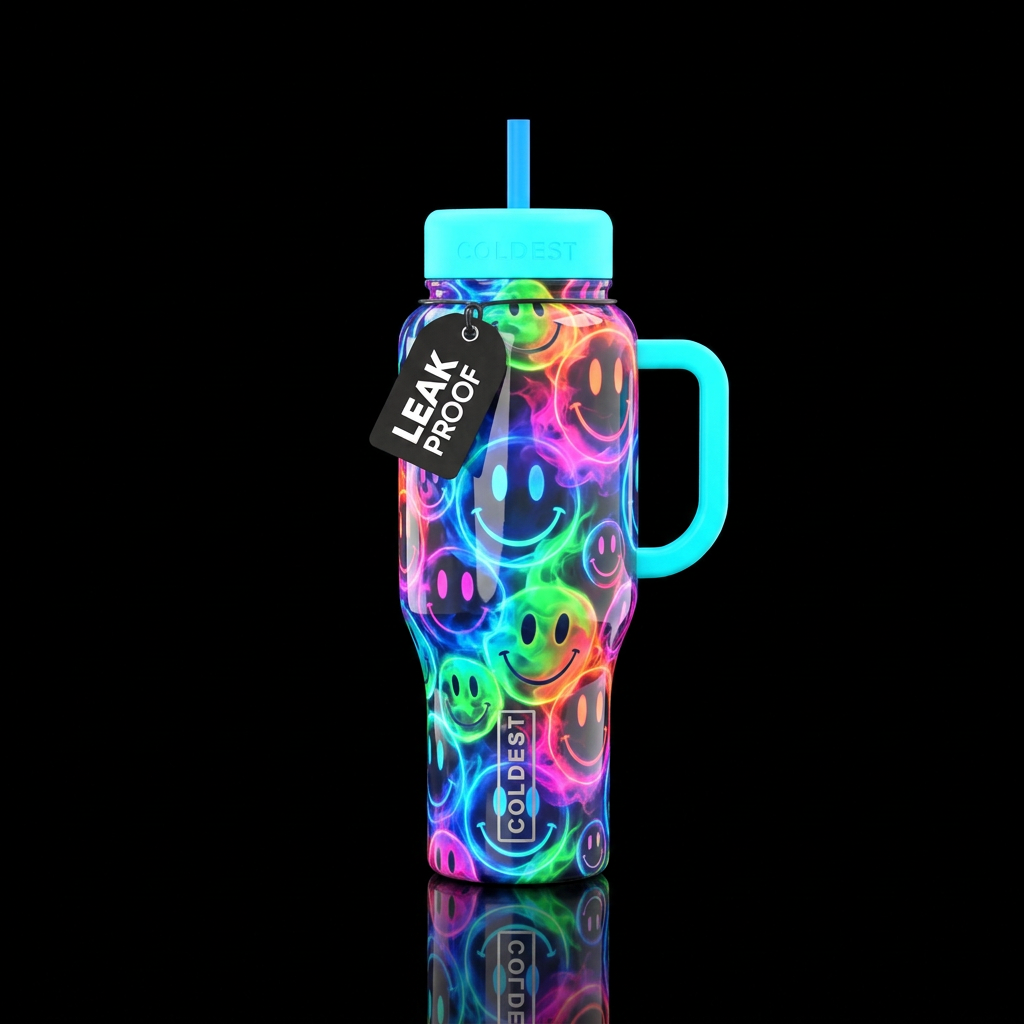 Multicolored smoky smiley faces, high gloss finish... water bottle design