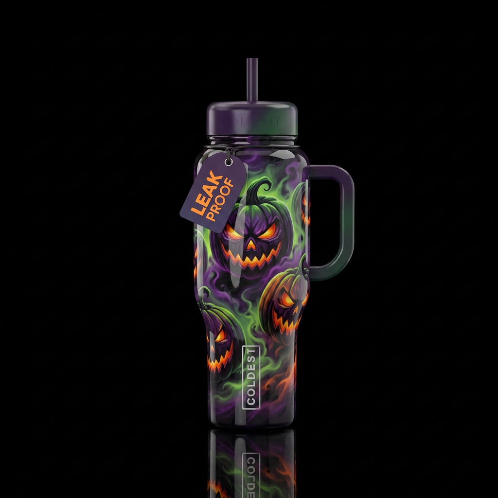 Very scary, dangerous, looking pumpkin heads with ... water bottle design