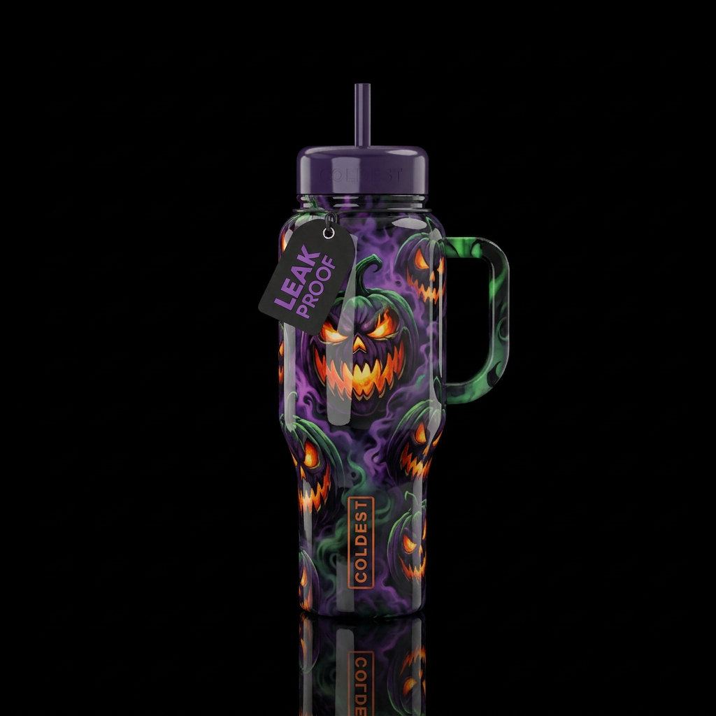 Very scary, dangerous, looking pumpkin heads with ... water bottle design