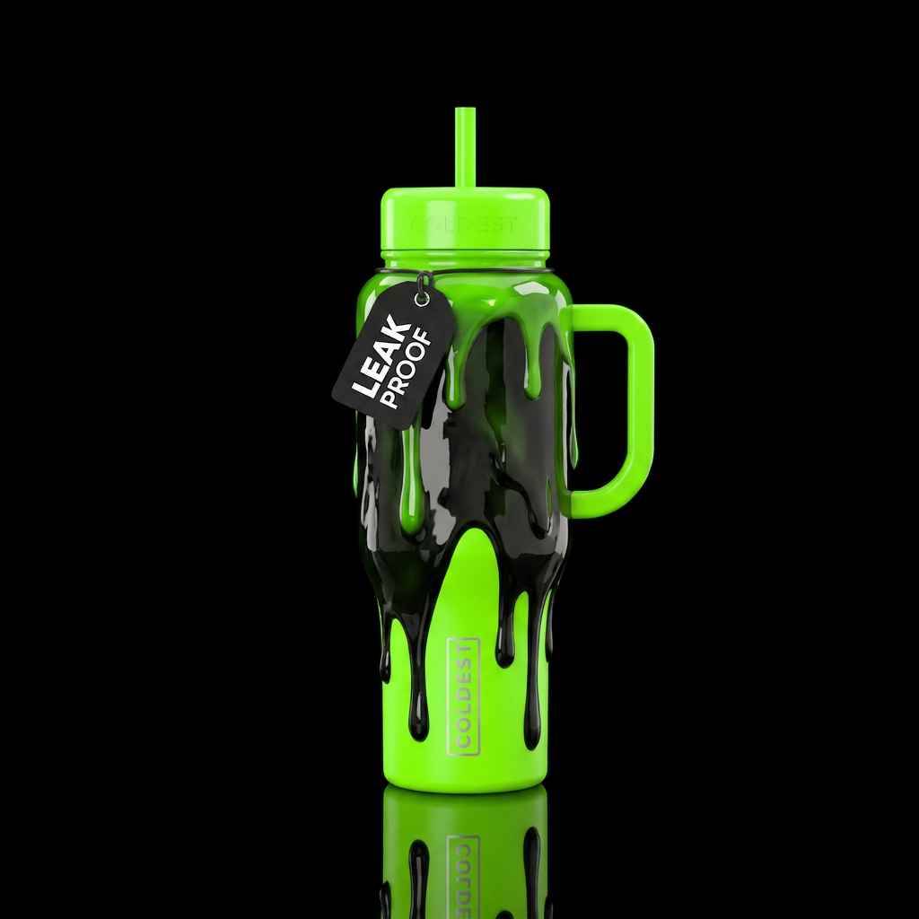 Neon green colored, with black slime, high gloss f... water bottle design