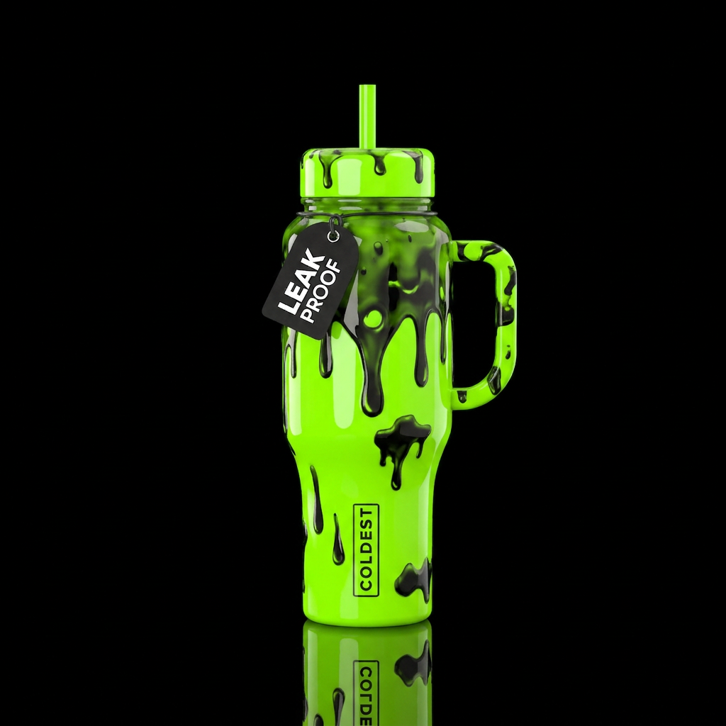 Neon green colored, with black slime, high gloss f... water bottle design