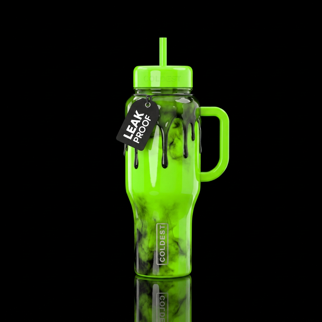 Neo.n green colored bottle, black faded smoke and ... water bottle design