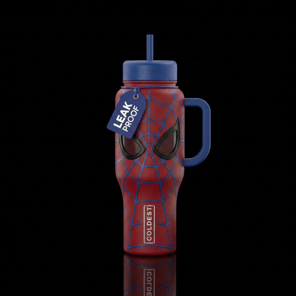 Red bottle with blue webs shooting cris cross, wit... water bottle design