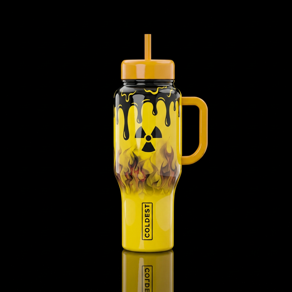 Corvette yellow bottle, with black slime dripping ... water bottle design