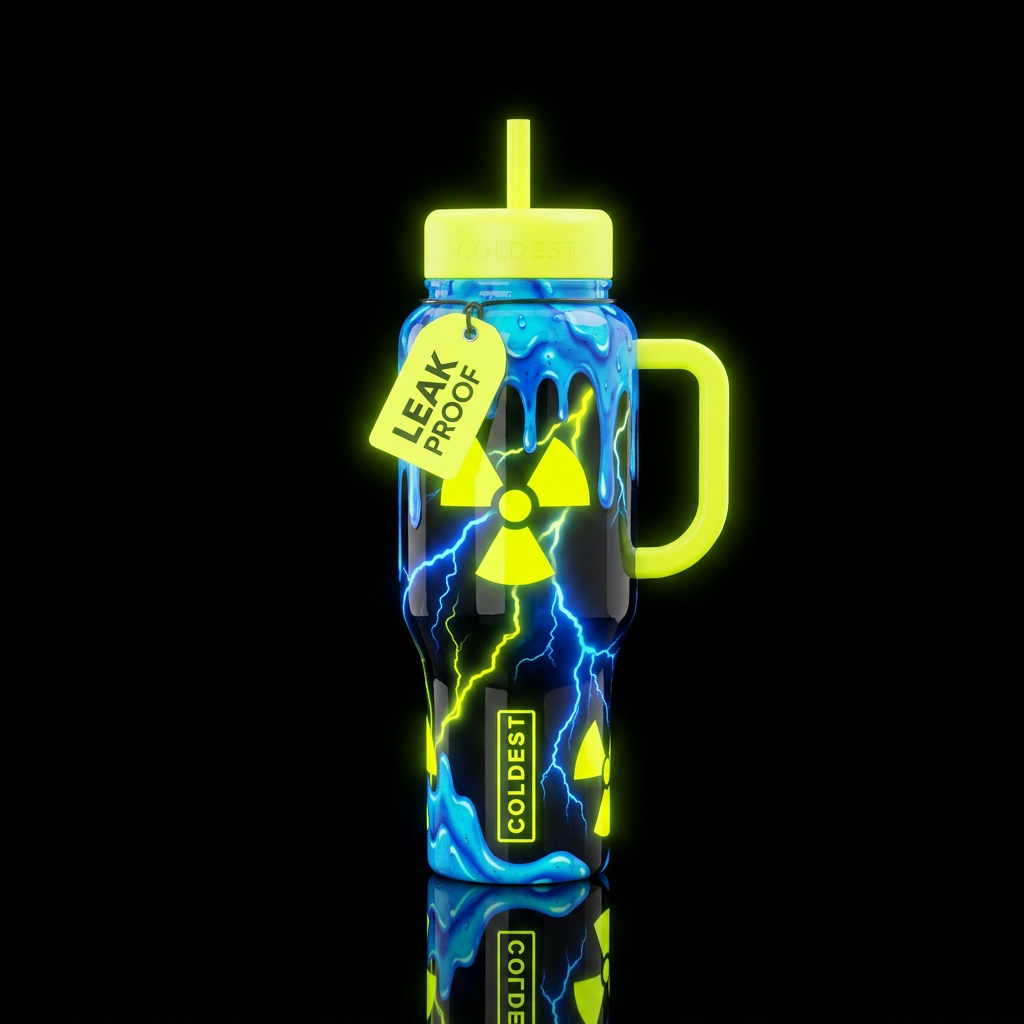 Neon yellow radioactive symbol,  on black bottle, ... water bottle design
