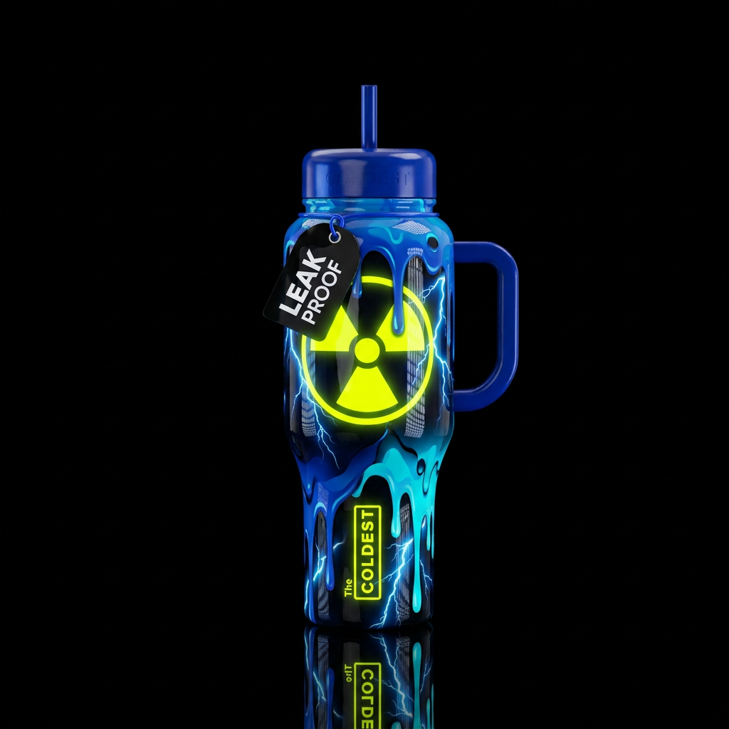 Neon yellow radioactive symbol,  on black bottle, ... water bottle design