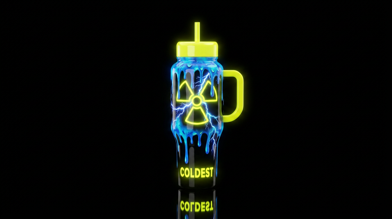 Neon yellow radioactive symbol,  on black bottle, ... water bottle design