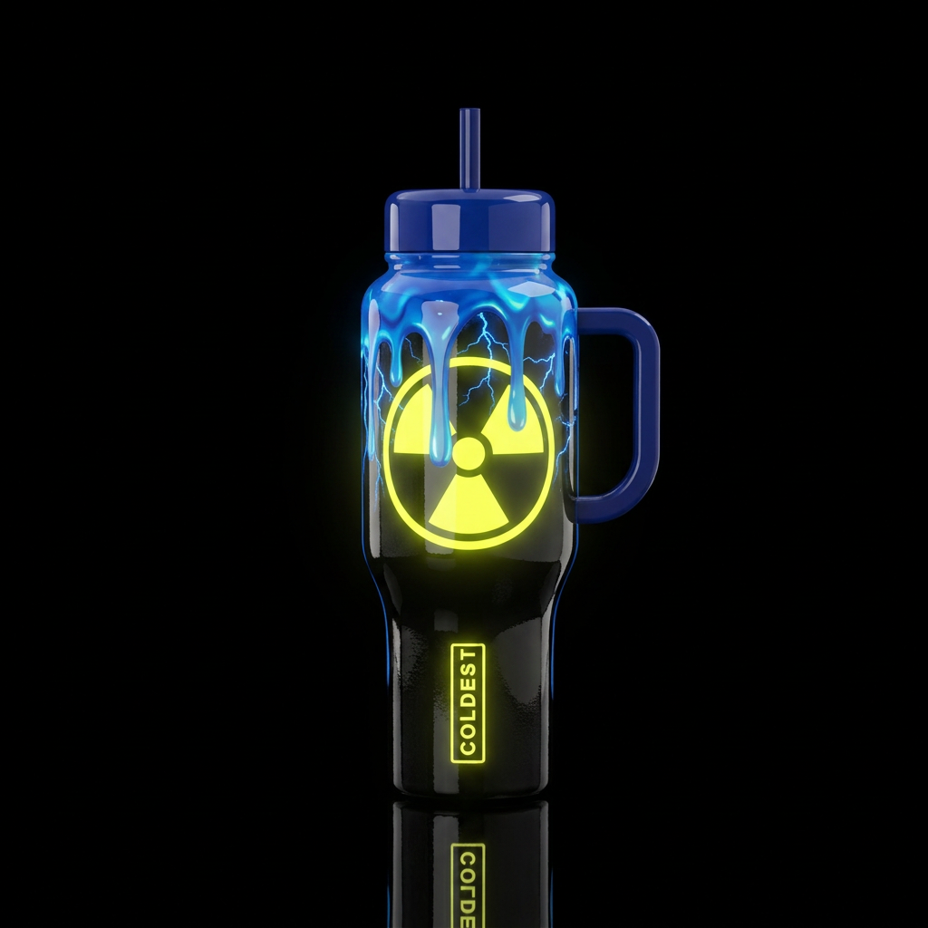 Neon yellow radioactive symbol,  on black bottle, ... water bottle design