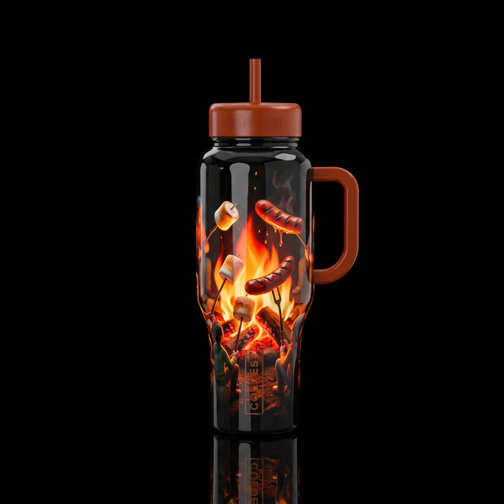 Black bottle, bon fire 🔥, roasting marshmallows a... water bottle design