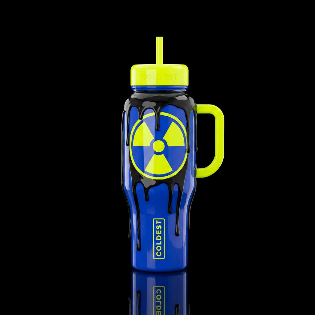 Royal blue bottle, with one neon yellow radioactiv... water bottle design
