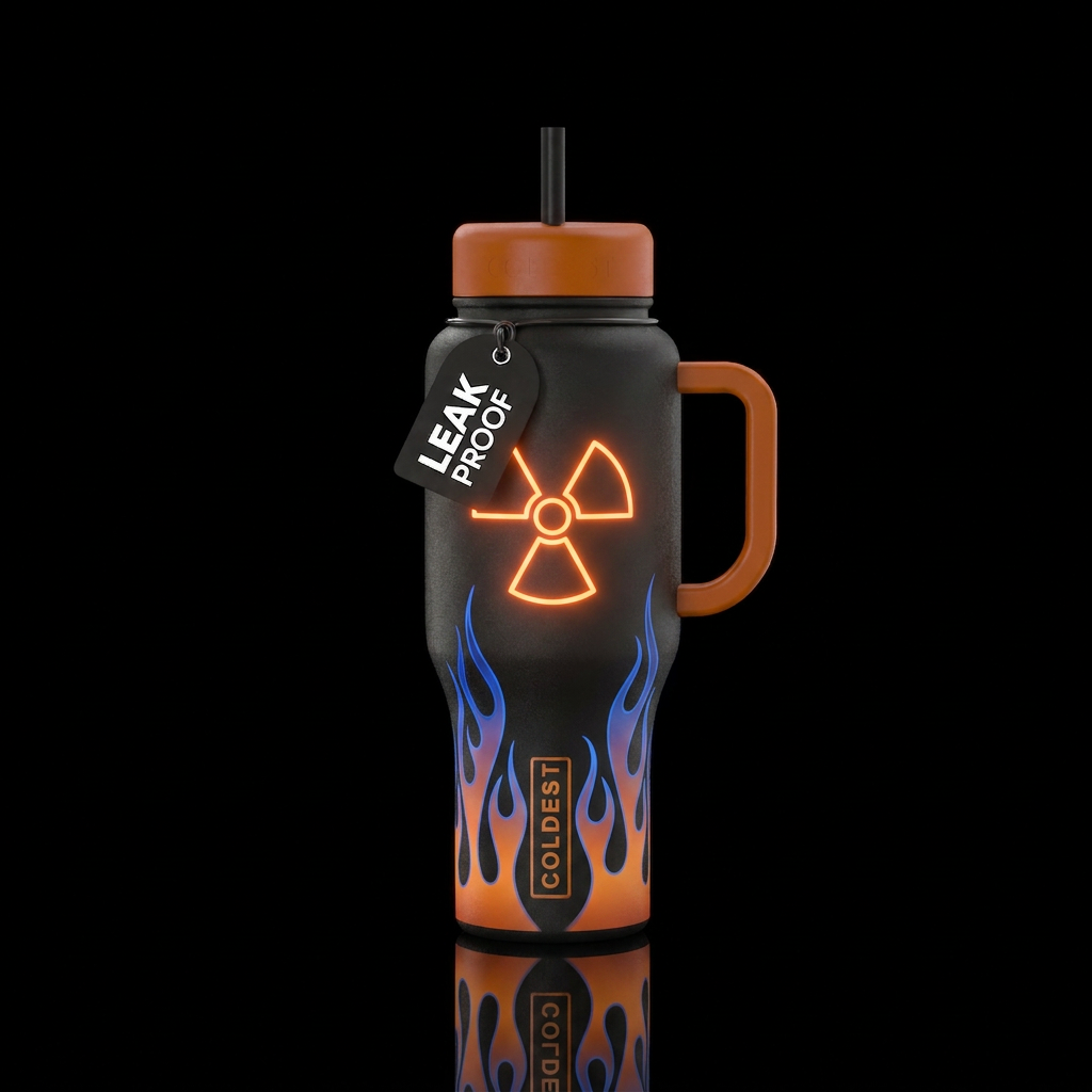 Black bottle, neon orange radioactive ☢️ with one ... water bottle design