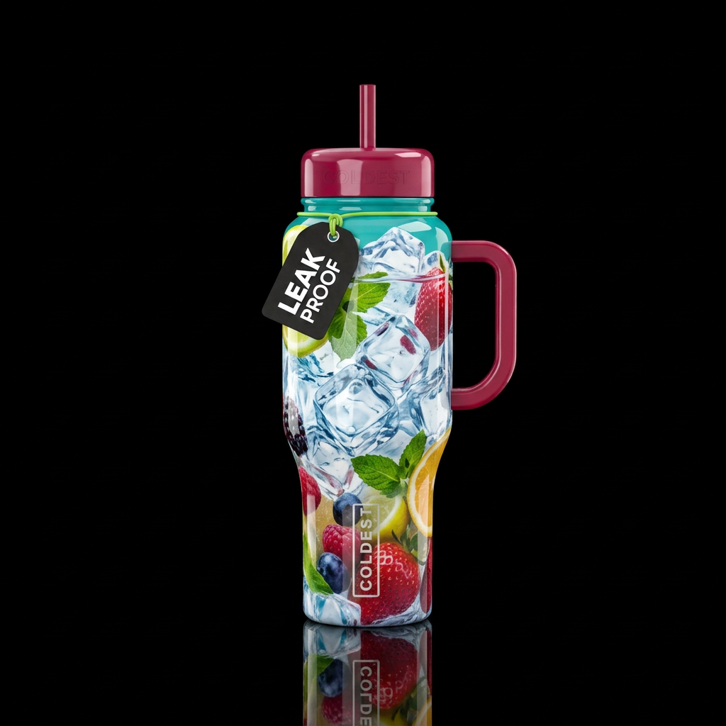 White bottle with ice cubes from top to bottom, wi... water bottle design