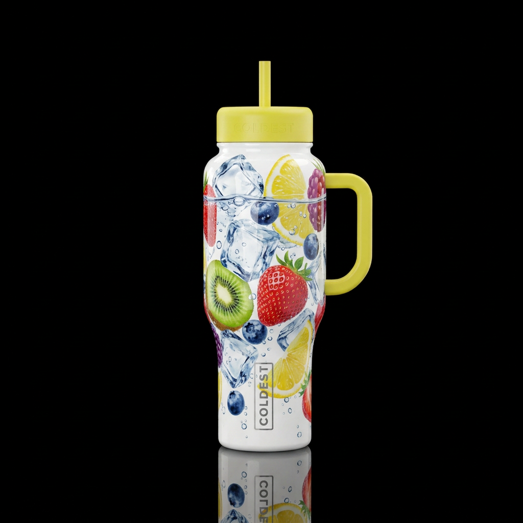 White bottle with ice cubes from top to bottom, wi... water bottle design