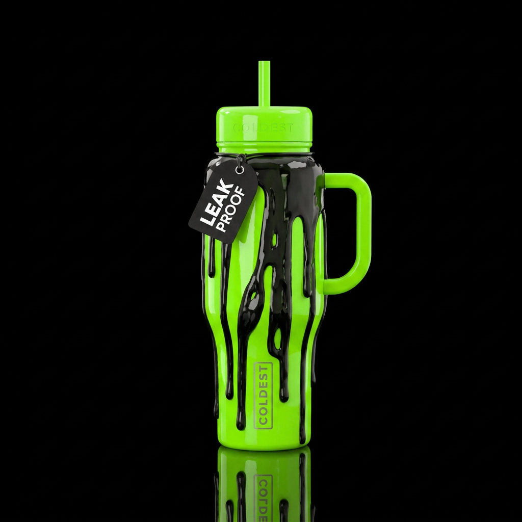 Neon green bottle, with thick black slime running ... water bottle design