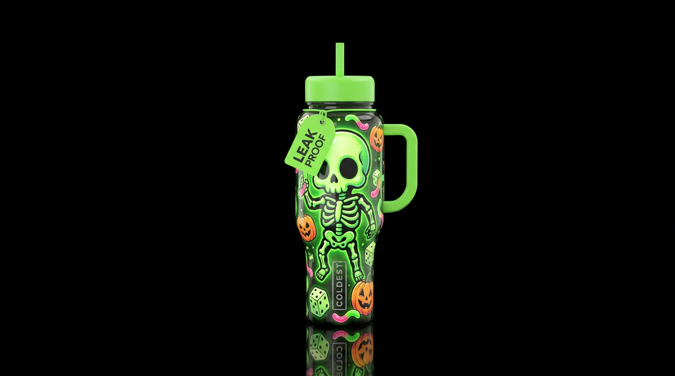 A baby cutie neon green boogie man skeleton with a... water bottle design