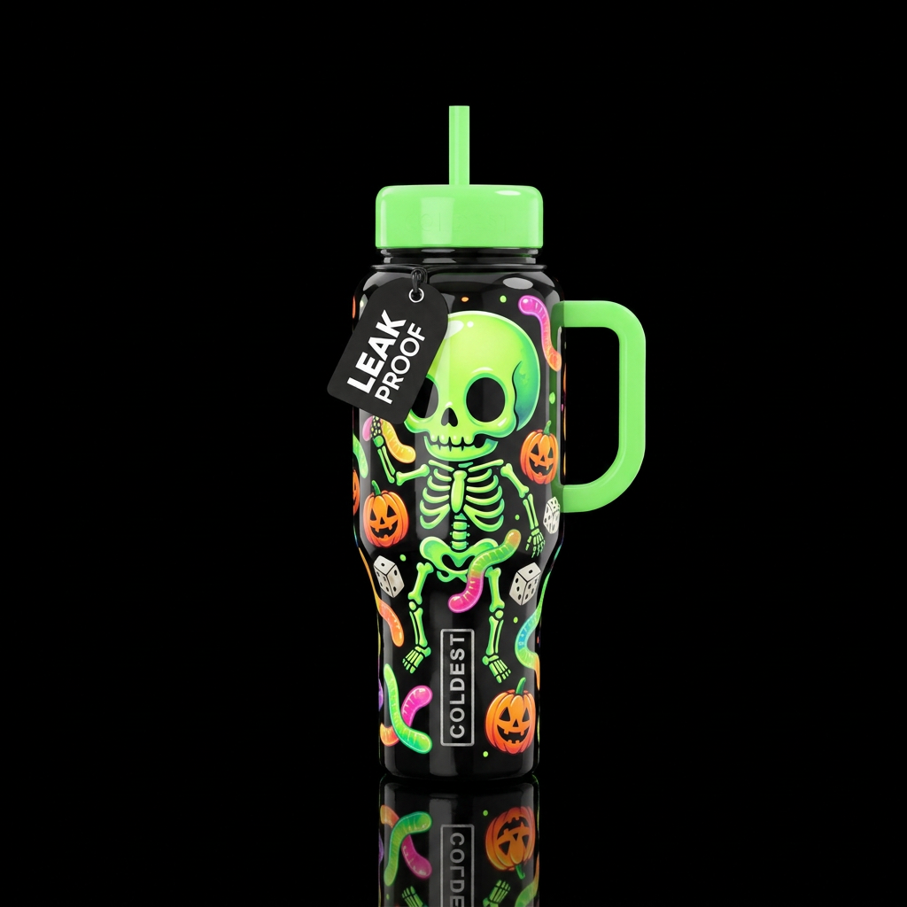 A baby cutie neon green boogie man skeleton with a... water bottle design