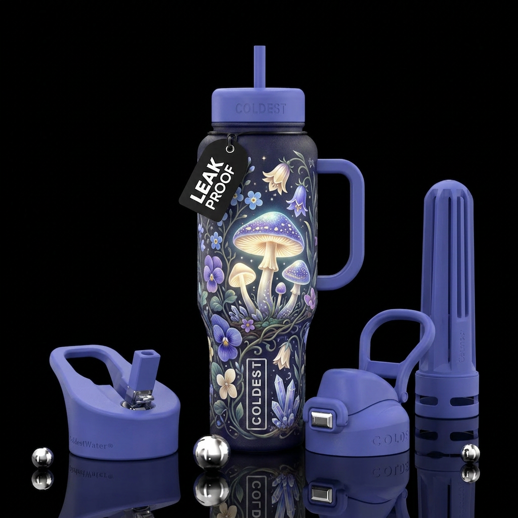 Cream, Floral Blue violet lucid elixir, magical, b... water bottle design