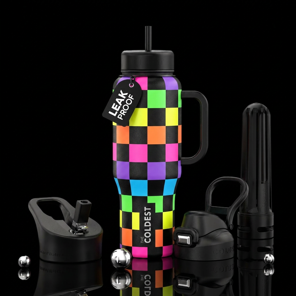 Checkered bottle in neon pink, orange, yellow, gre... water bottle design