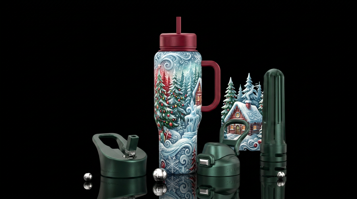 Abstract, Traditional Christmas outdoor scene, fro... water bottle design