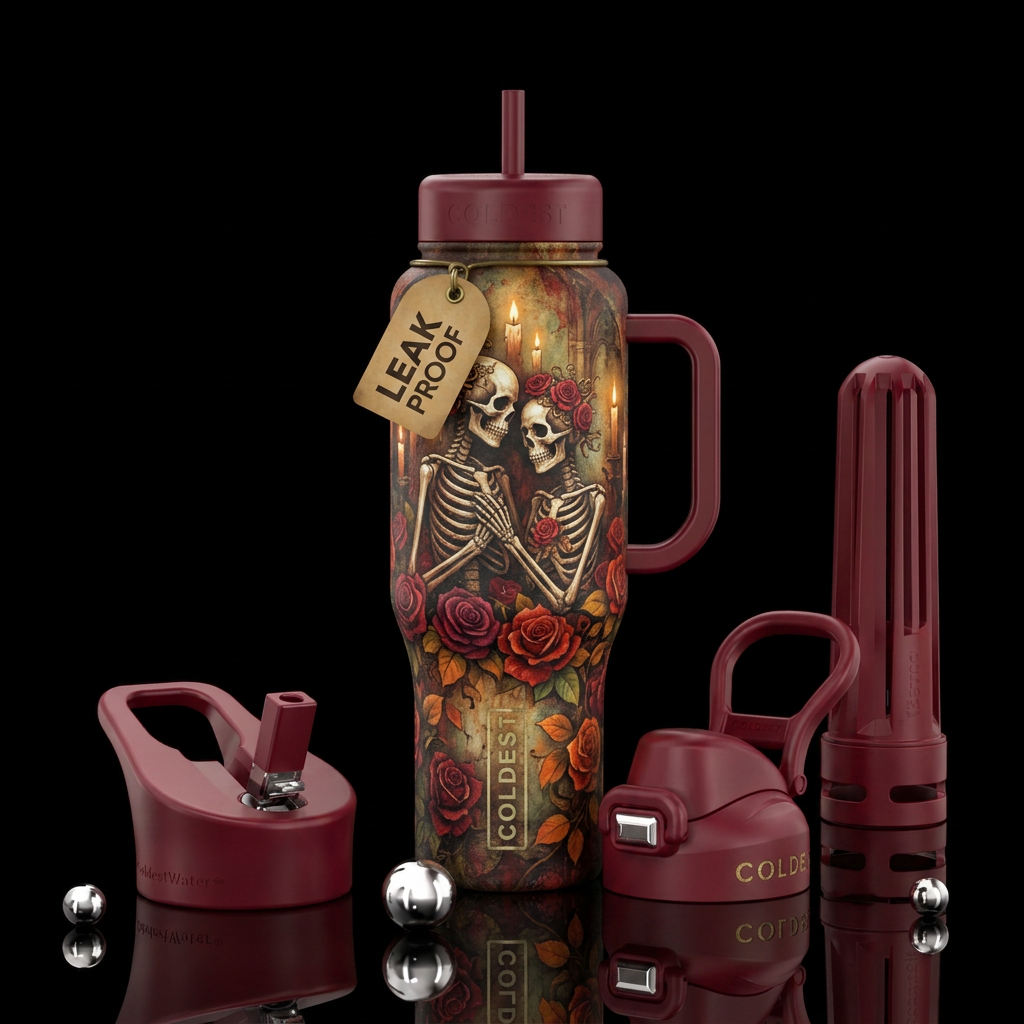 Vintage gothic skeleton lovers, Halloween, candlel... water bottle design