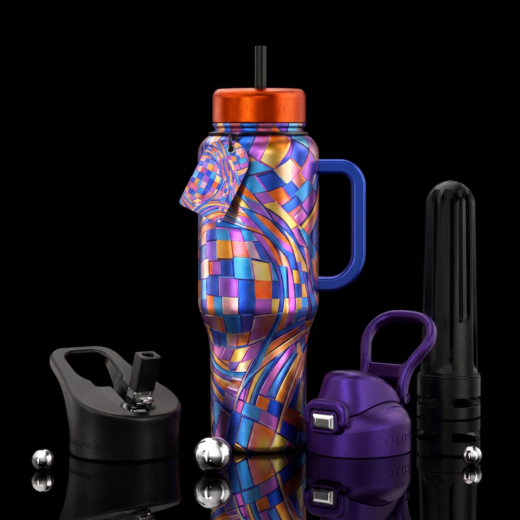 Blocked, strands, fish eye angles, Shimmy, shiny, ... water bottle design