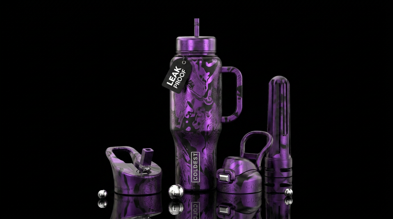Stamped metal, purple and onyx, abstract water bottle design