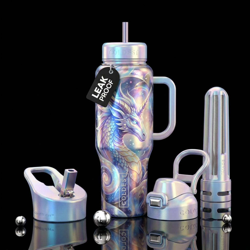Unicorn Dragon, fantasy, mystical, opalescent colo... water bottle design