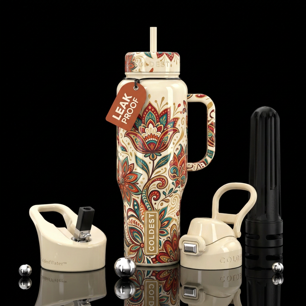 Bohemian Floral Print, cream glossy bottle, abstra... water bottle design