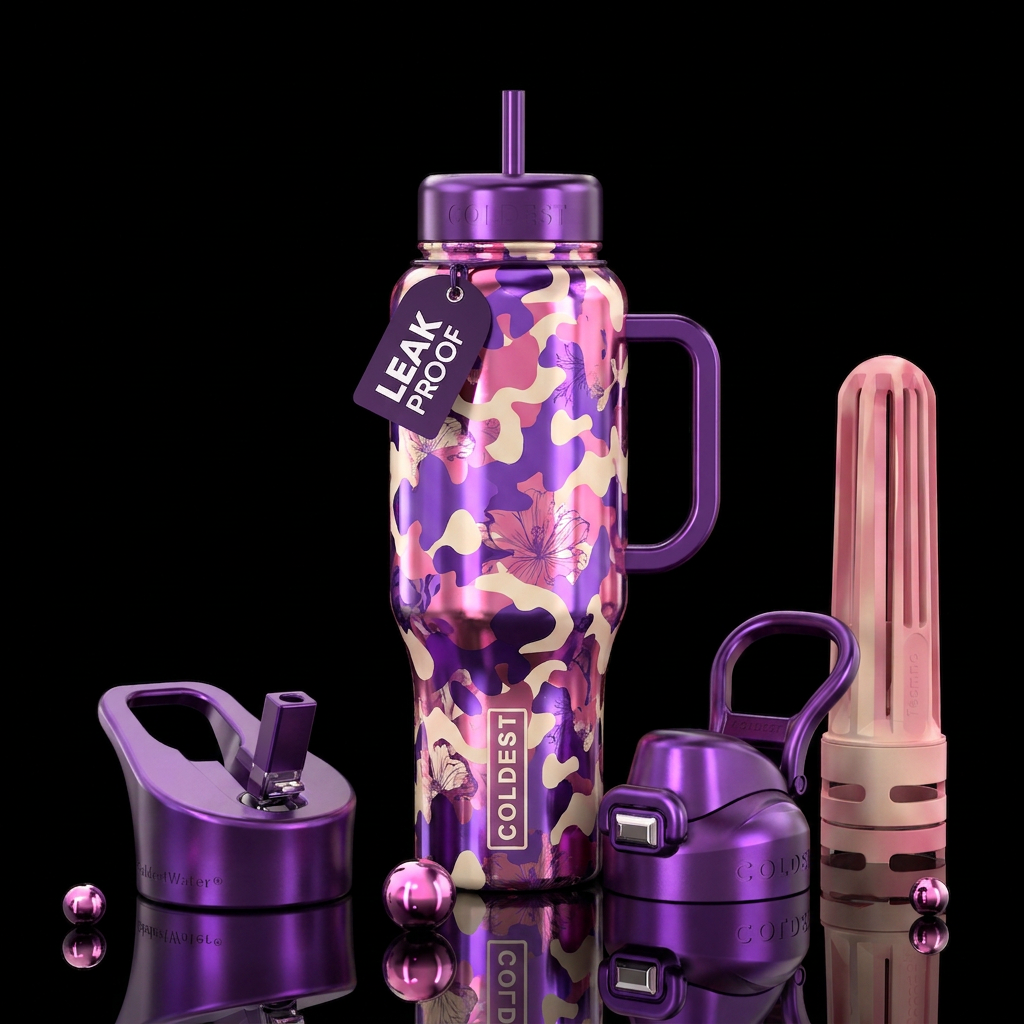 Purple, pink and cream colored camo, shiny, well h... water bottle design