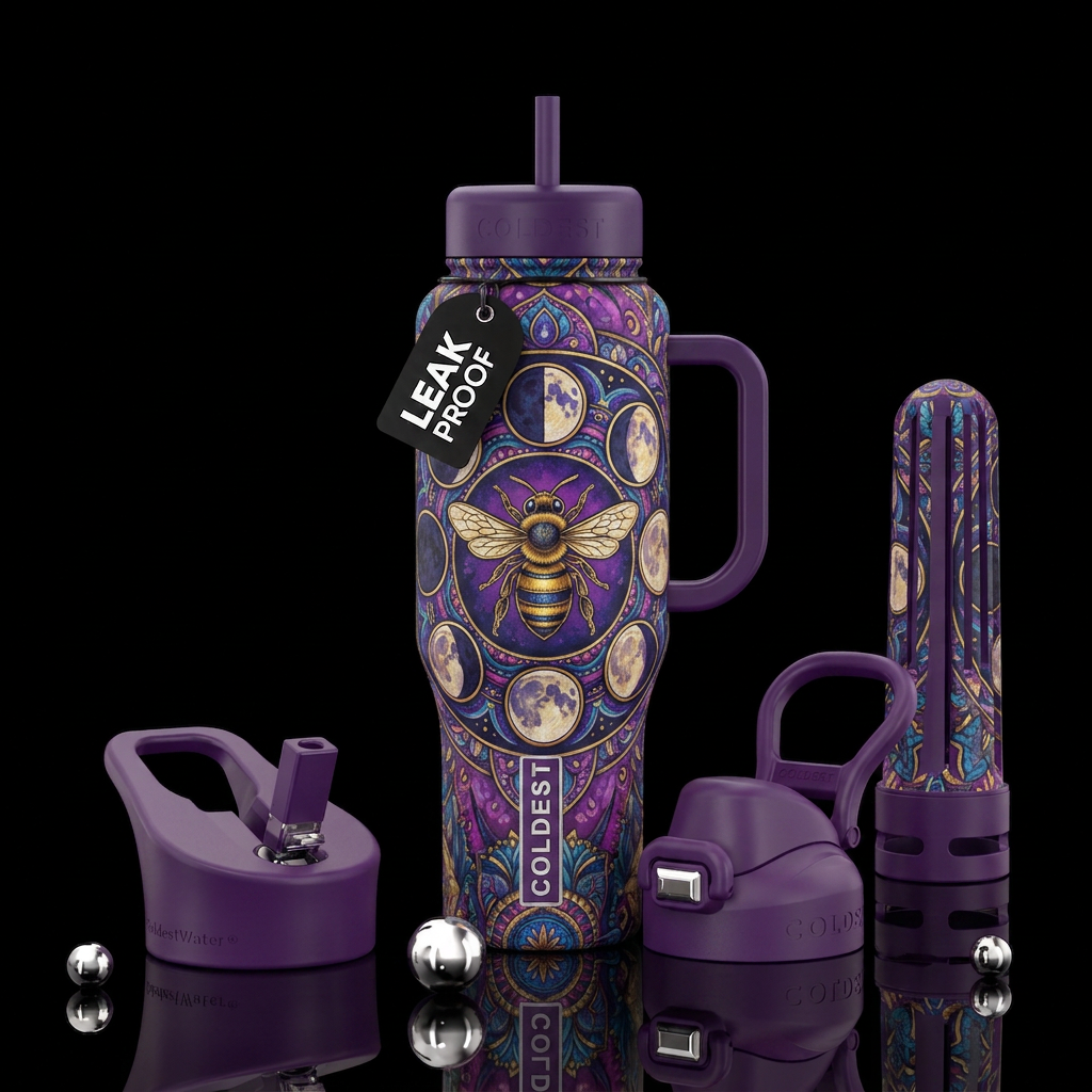 Glossy, Bohemian Purple phases of the moon in a ci... water bottle design