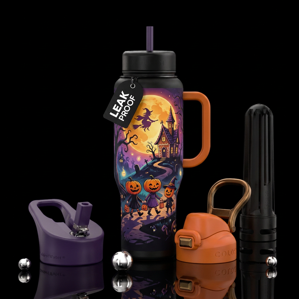 Halloween, four little pumpkin head girls walking ... water bottle design
