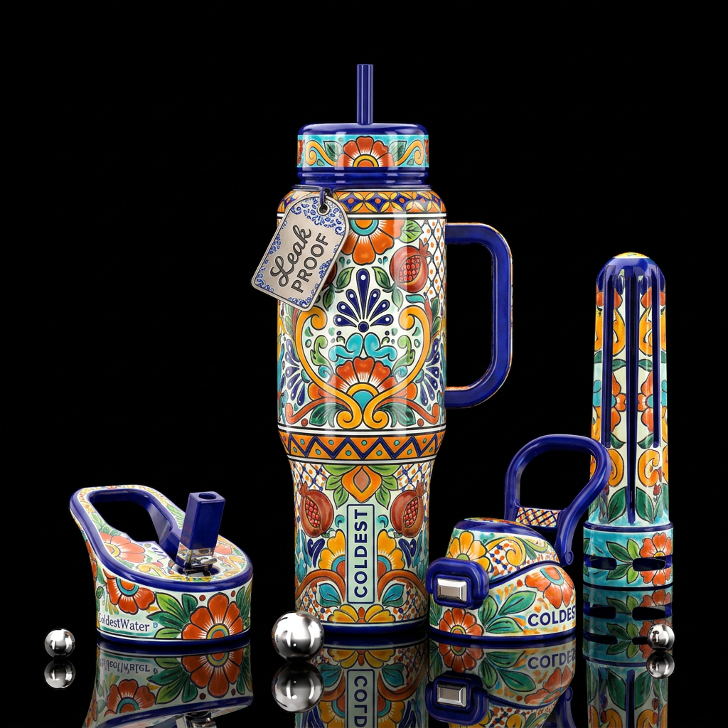 Talavera Floral, stunning, colorful, glossy water bottle design