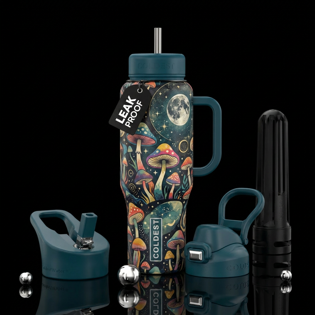 Midnight mushrooms, colorful, moonlit skies, vinta... water bottle design