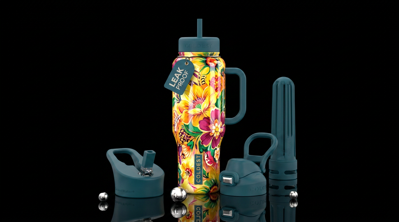 Bohemian glow, sunny, floral, brightly lit, abstra... water bottle design
