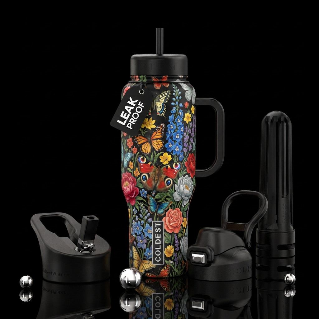 Dearest Gentle Reader, butterflies, floral, delica... water bottle design