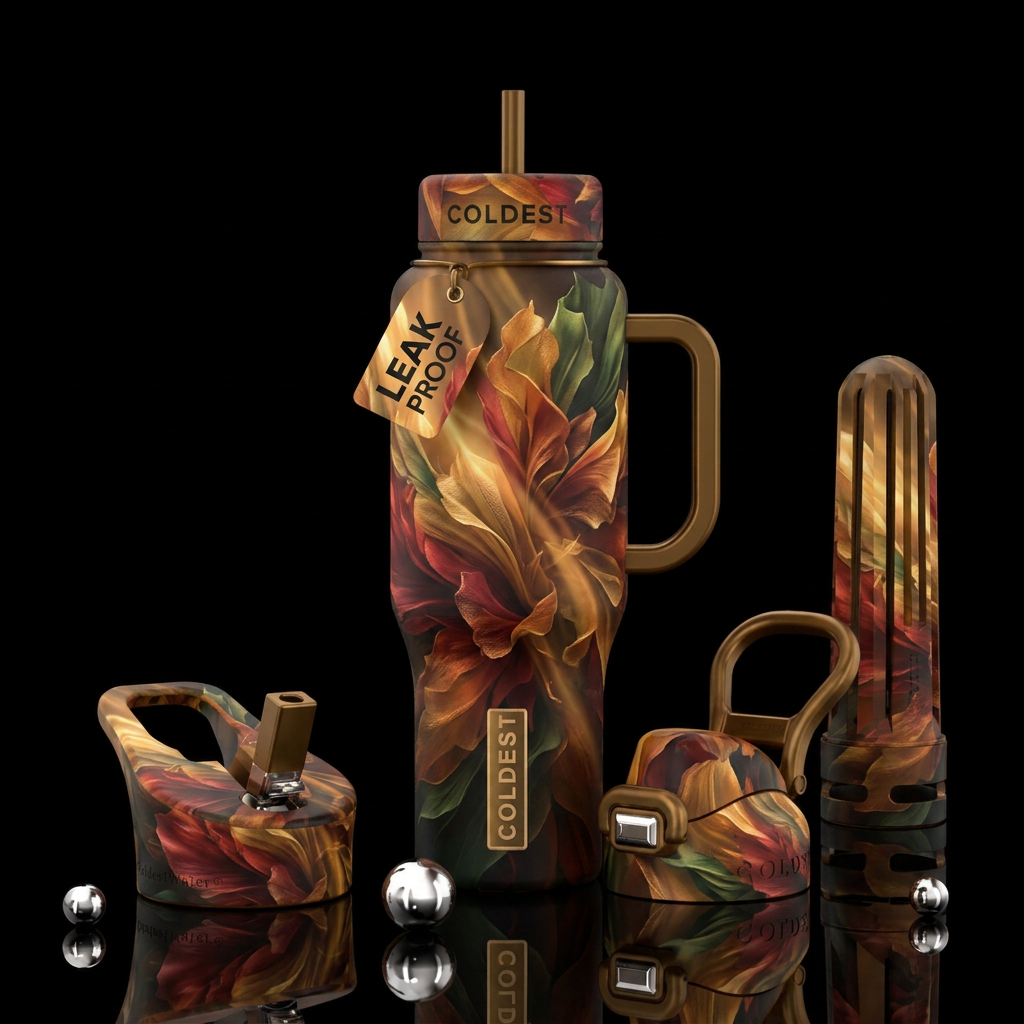 Fall colors, Erupting colors, realism, beams of li... water bottle design