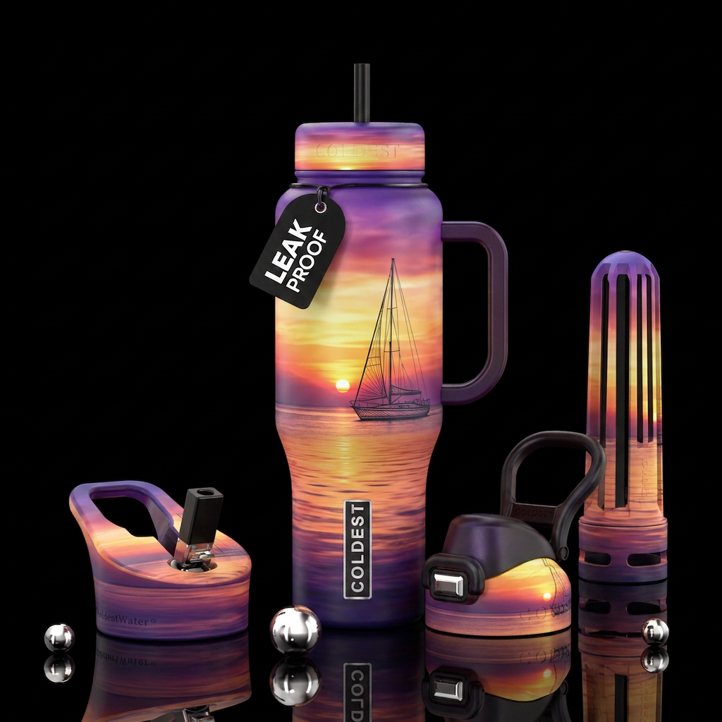 Sunset from Maho Bay, line sail boat, yellowish hu... water bottle design