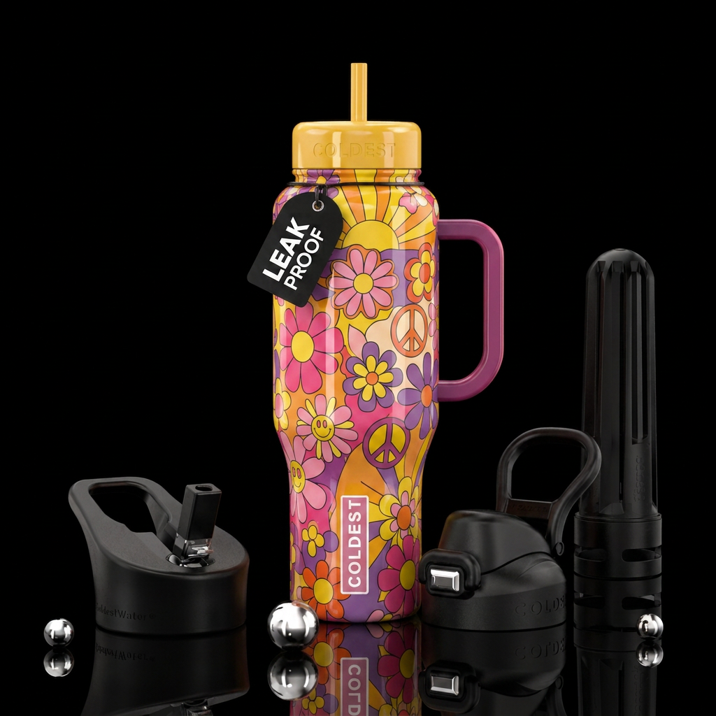 80’s flowers, hippy days, peaceful, sunny, glossy water bottle design