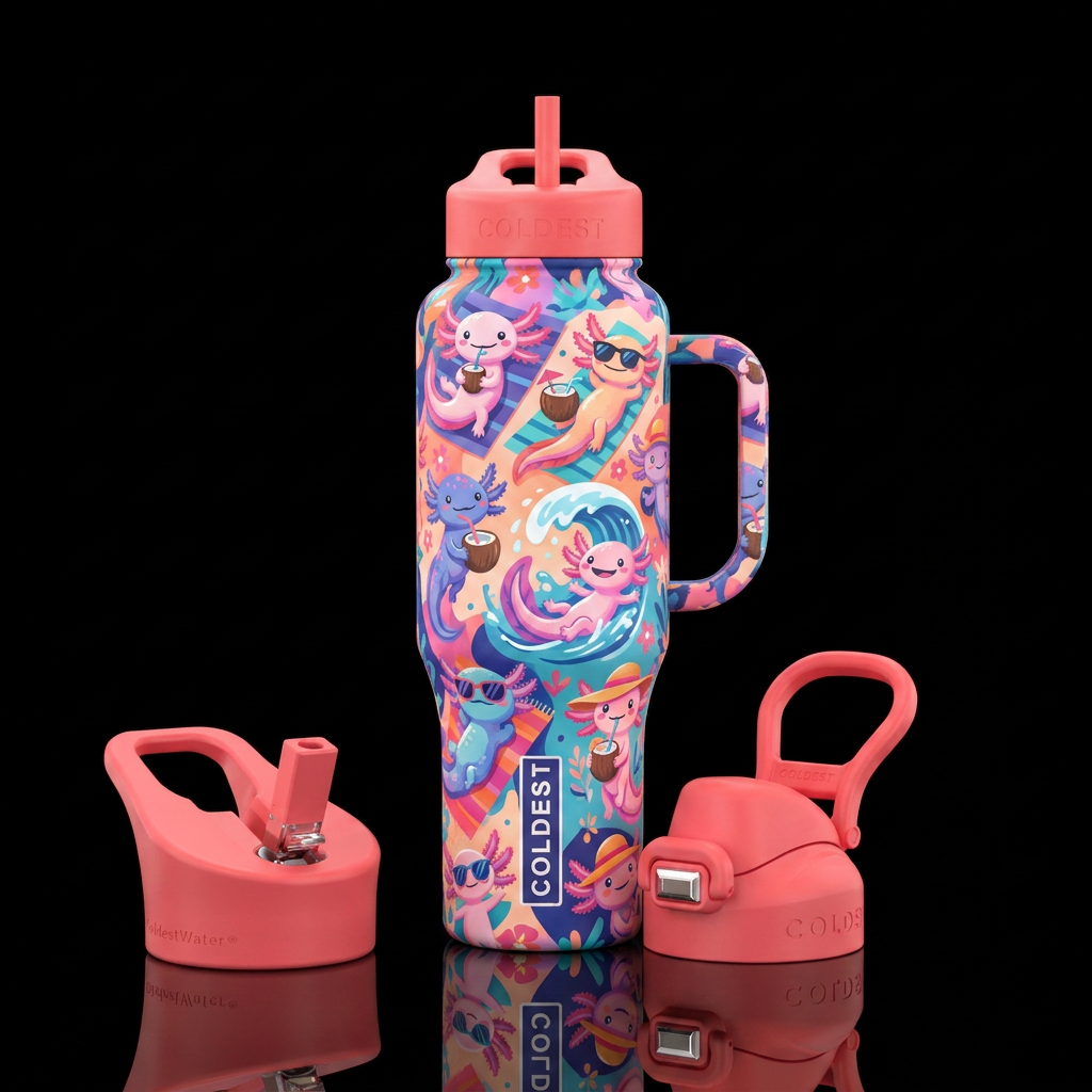 Axoloto on vacation water bottle design